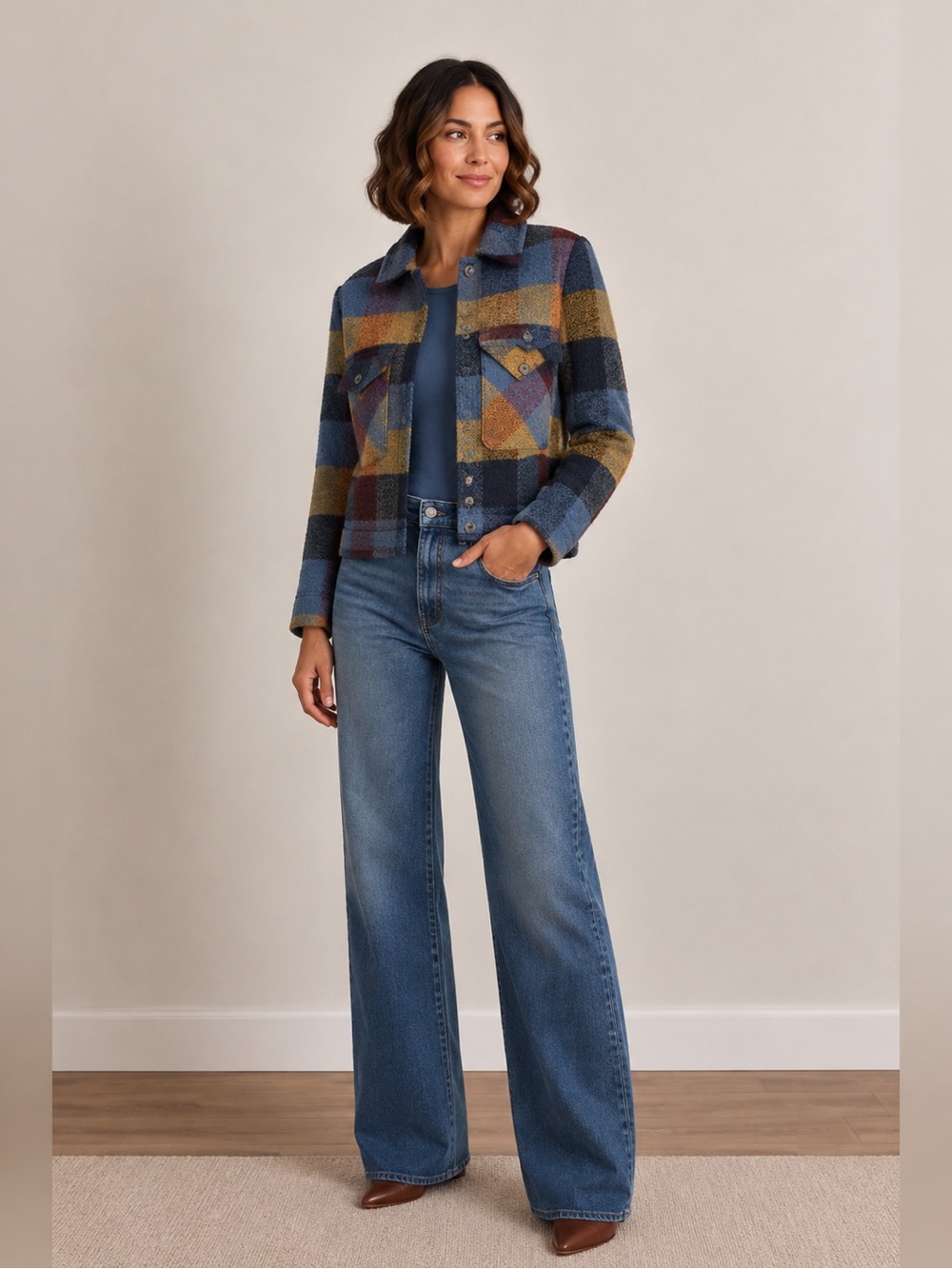 RD Style Plaid Button-Up Jacket in Mustard, Blue & Navy